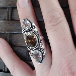 New Smoky Topaz & White Topaz 925 Silver Statement Ring.